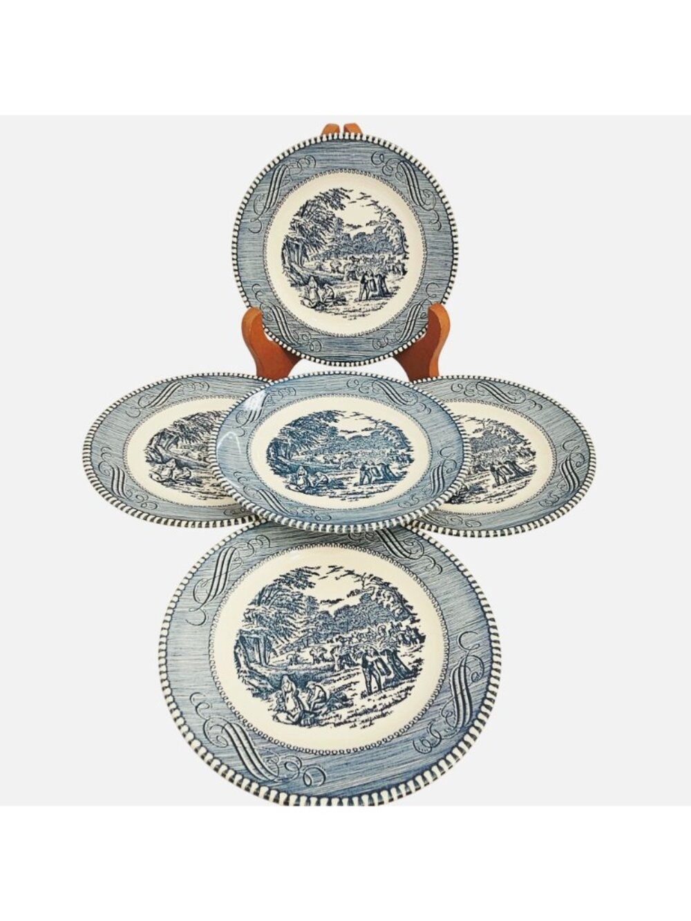 5 Currier Ives Blue Harvest Dessert Plates 5.75" Royal USA transferware ironston - Picture 2 of 7
